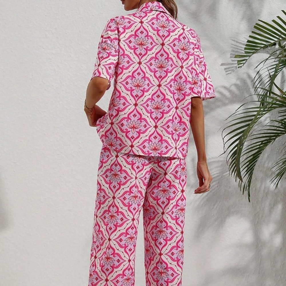 Multicolor Boho Womens  Allover Print Knot Front Shirt & Wide Leg Pants - Picture 2 of 5